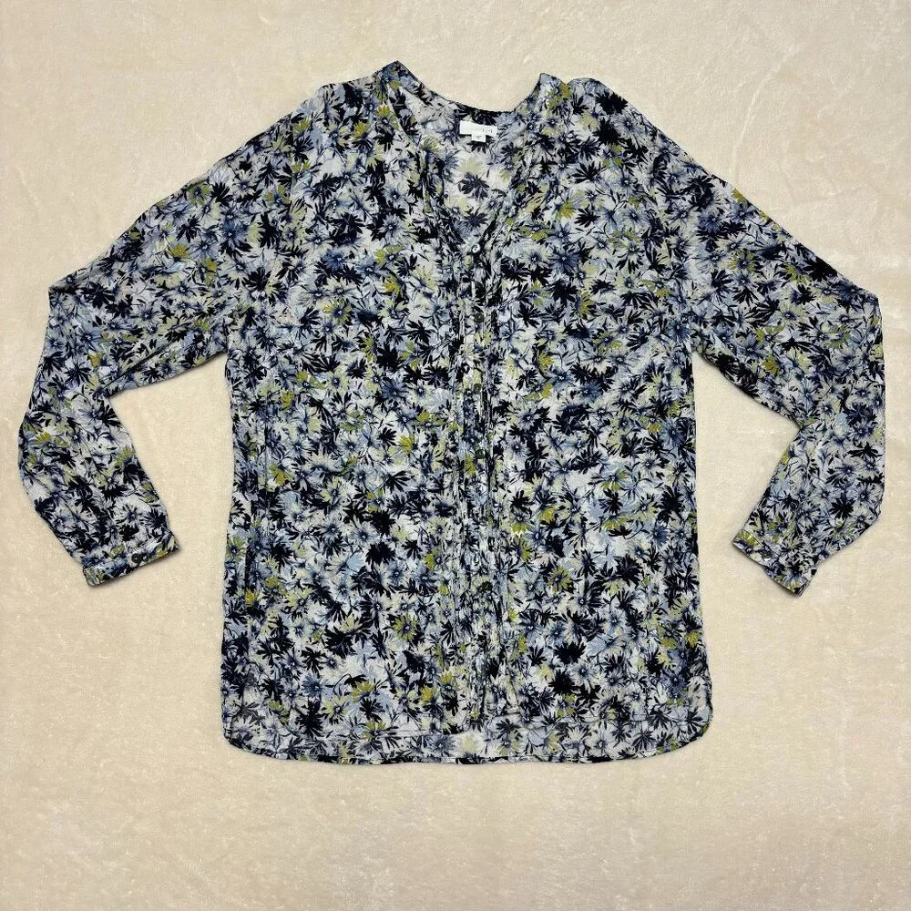 J Jill Womens Floral Blouse Long Sleeve‎ Button Down Blue Yellow Size XL
